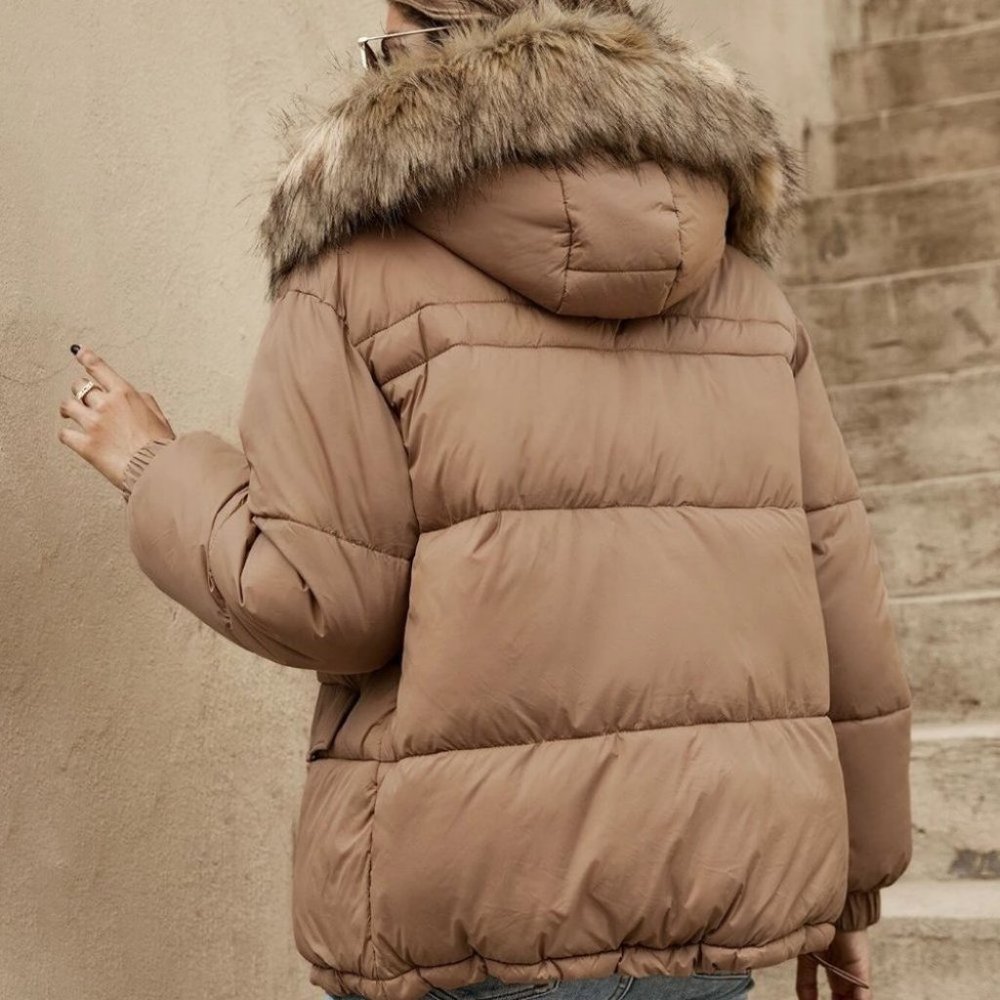 Tan Womens Hooded Puffer Coat - Picture 2 of 4